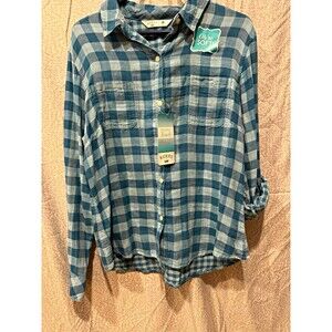 Riders by Lee woman’s Long Sleeve teal blue Plaid Cotton Woven Button-Up Shirt